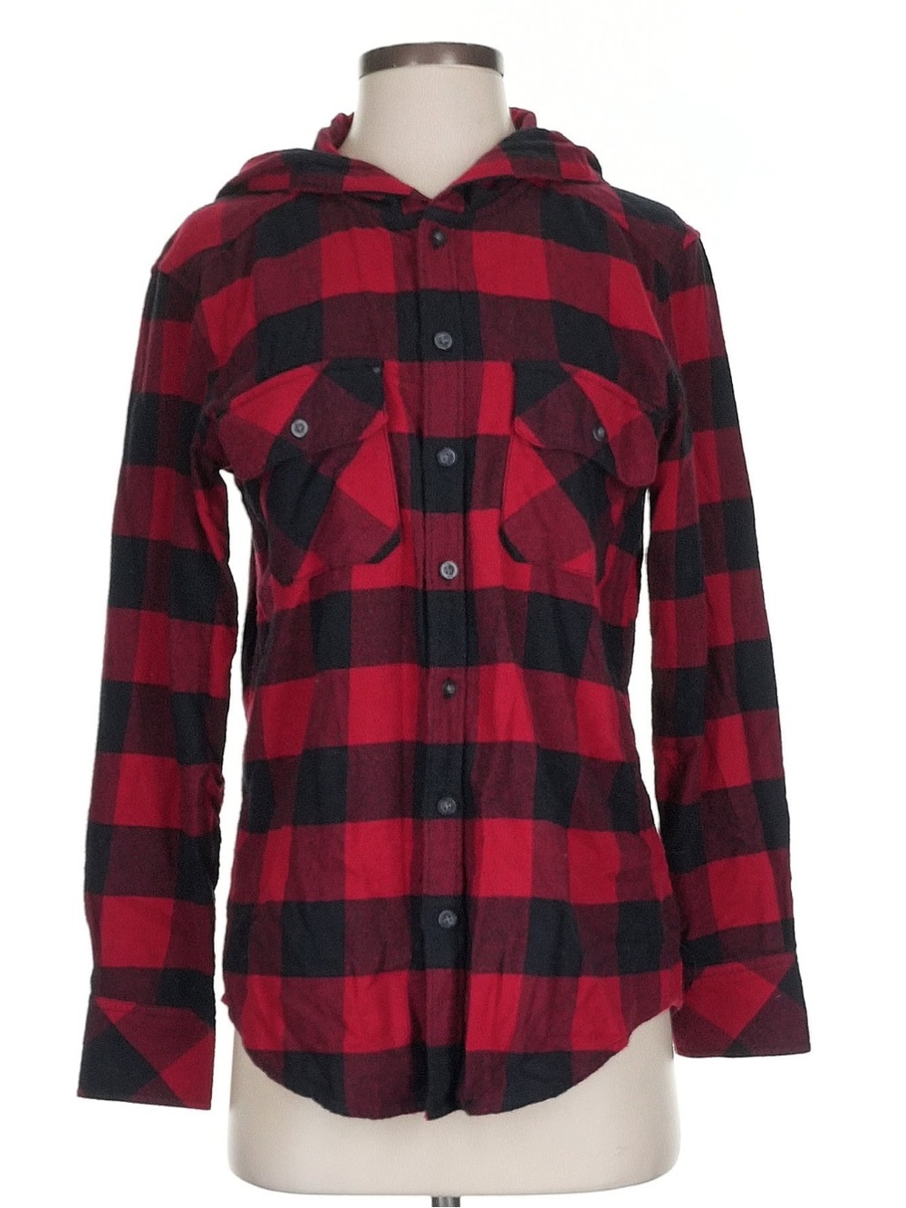 Aritzia Red and Black Plaid Hooded Jean Jacket